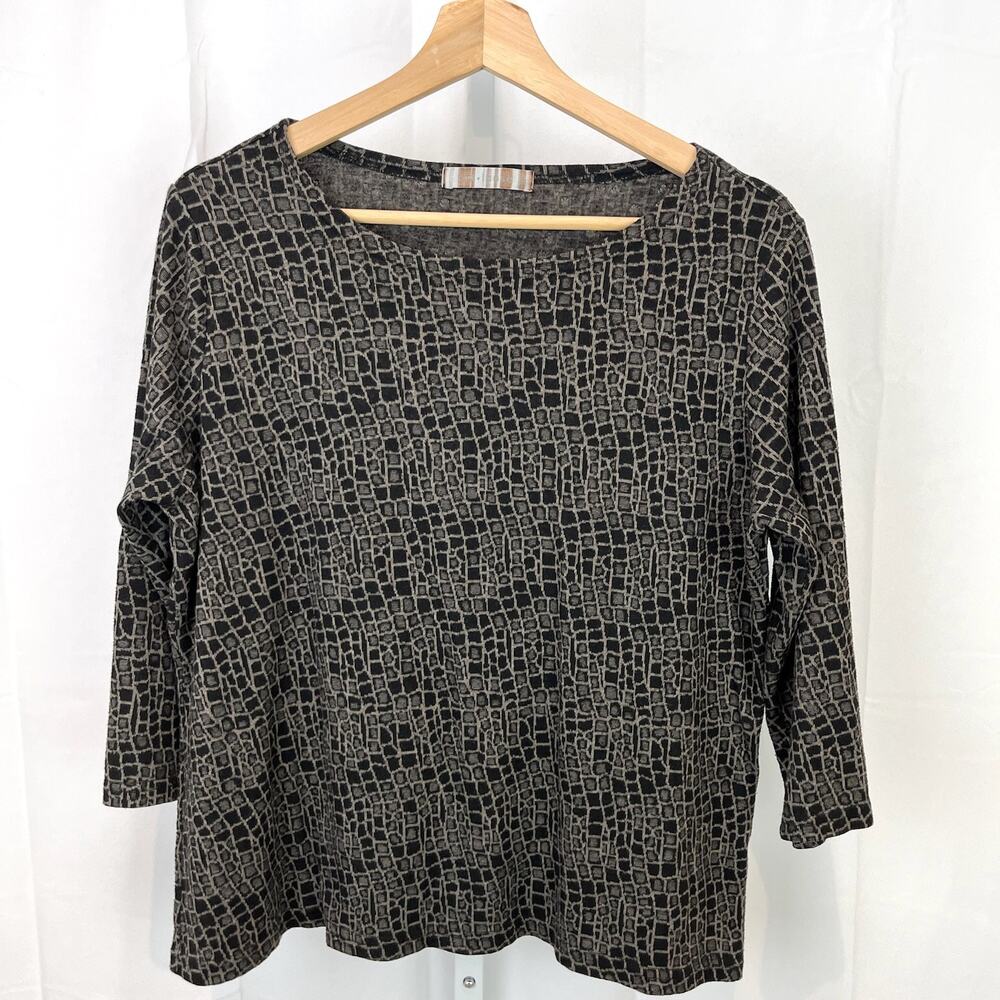 CUT LOOSE Size XL  Patterned 3/4 Sleeve Top Pullover Stretch Knit Brown Gray